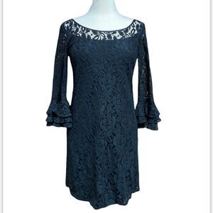 Kelly & Diane Black Lace Overlay 3/4 Ruffle Sleeve Dress